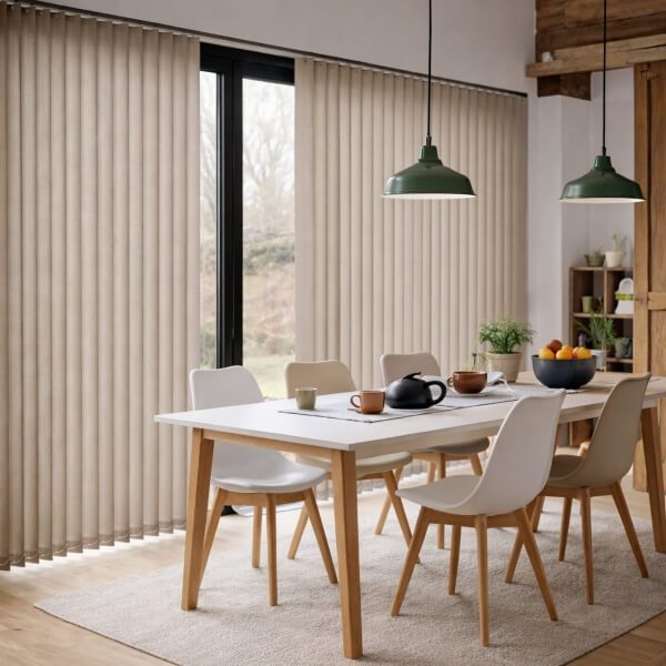 Beige vertical blinds over a sliding door for light control and privacy, installed by Blinds and Shutter Guys Newcastle.