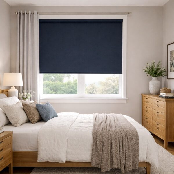 Blackout blind partially lowered over bedroom window, helping block light and improve privacy for a more comfortable sleep space.
