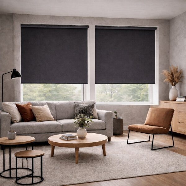 Blackout blinds lowered over two living room windows, reducing natural light while maintaining a modern, neutral interior setting.