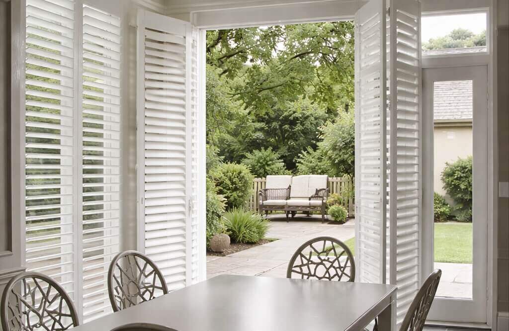 Dining area with PVC bifold plantation shutters folded back to maximise airflow in Newcastle.