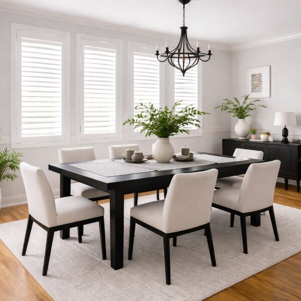 Dining room with white PVC plantation shutters and a black dining table, installed by Blinds and Shutter Guys Newcastle.