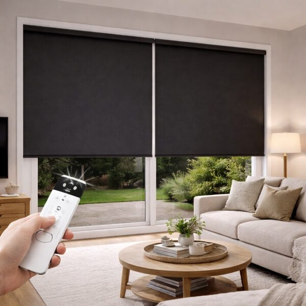 Electric blackout roller blinds lowered over large living room windows, operated by remote control for convenient light blockout and privacy.