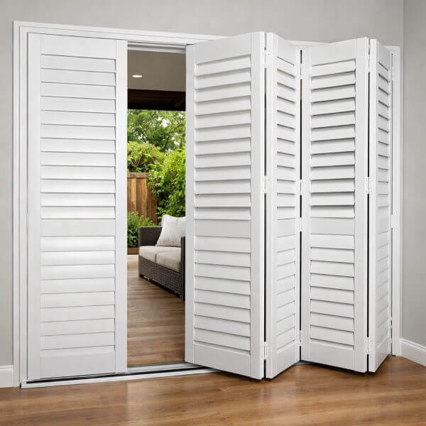 Full height PVC bifold shutters positioned along a patio entry in Newcastle by Blinds and Shutter Guys.