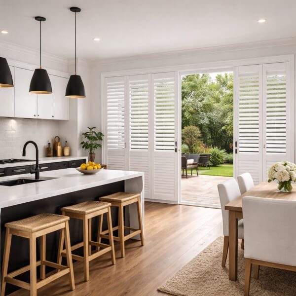 Full height PVC plantation shutters positioned along outdoor entertaining doors