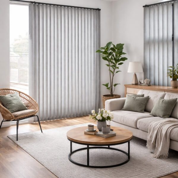 Light grey vertical blinds covering large windows, providing smooth light control and privacy in a modern living room, installed by Blinds and Shutter Guys Newcastle.
