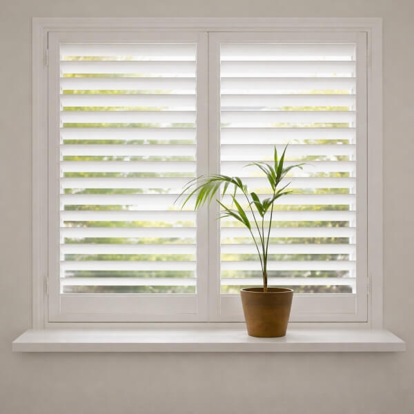 Minimalist window design featuring durable PVC plantation shutters by Blinds and Shutter Guys Newcastle.