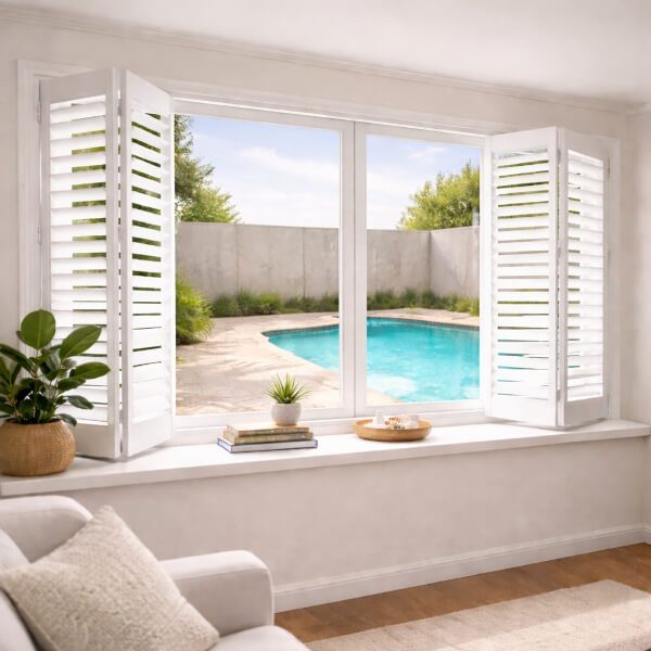 Modern window fitted with moisture resistant PVC plantation shutters overlooking a backyard pool by Blinds and Shutter Guys Newcastle.