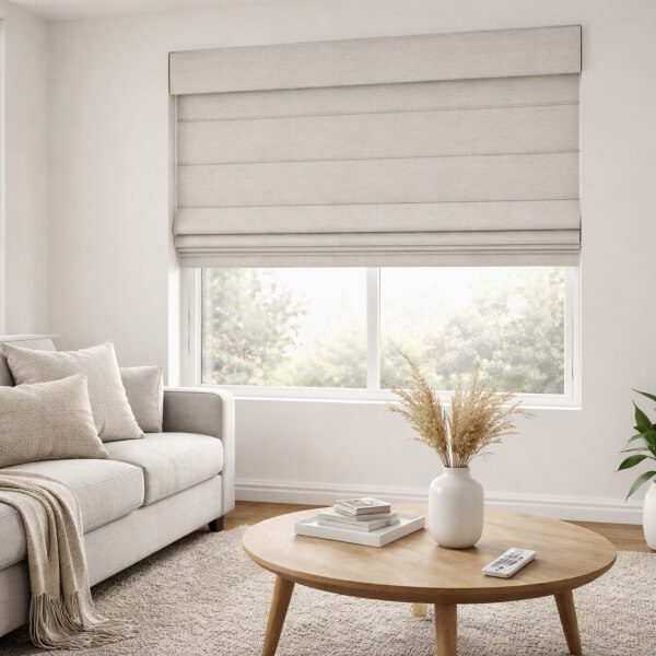 Motorised Roman blinds partially raised to show even folds, with a cordless finish and remote control on a timber coffee table, installed by Blinds and Shutter Guys Newcastle