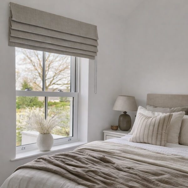 Neutral linen Roman blinds fitted inside a bedroom window, creating soft stacked folds and practical light control, installed by Blinds and Shutter Guys Newcastle.