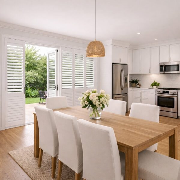 PVC shutters designed to suit expansive glass doors in a family home by Blinds and Shutter Guys