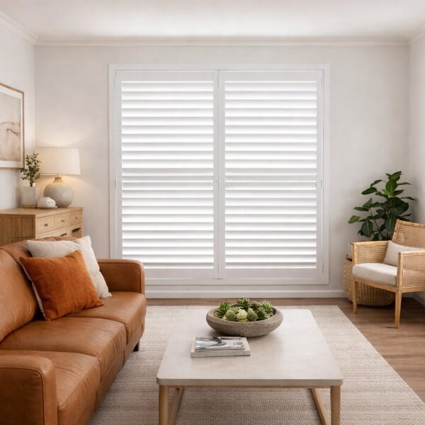 PVC shutters installed across double windows in a Newcastle home by Blinds and Shutter Guys