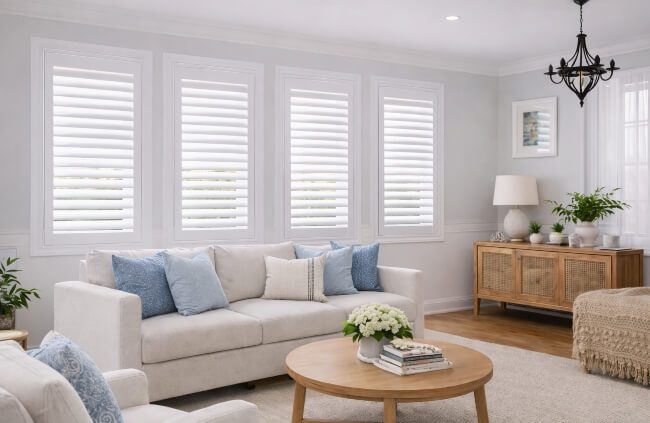 PVC shutters installed across living room windows in Newcastle by Blinds and Shutter Guys.