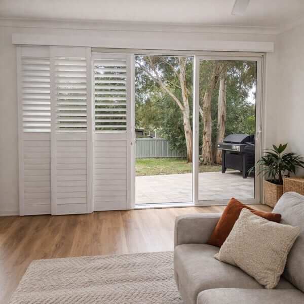 PVC sliding shutters fitted to suit wide span sliding doors in Newcastle by Blinds and Shutter Guys