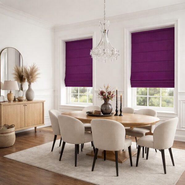 Roman blinds partially lowered over two dining room windows, paired with light timber furniture and neutral upholstered chairs, installed by Blinds and Shutter Guys Newcastle