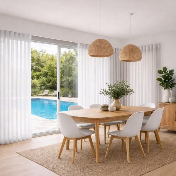 Soft white Veri Shades framing a large sliding door beside a dining area, professionally supplied and installed by Blinds and Shutter Guys.