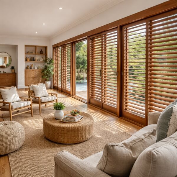 Timber plantation shutters fitted across wide sliding doors, adding warm natural tones and precise light control, installed by Blinds and Shutter Guys Newcastle.