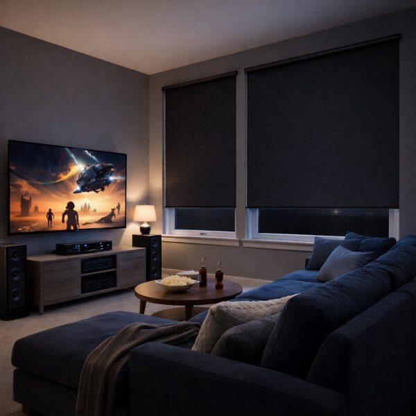 Total blackout roller blinds fully lowered in a media room, blocking external light to create a dark, cinema-style viewing environment.