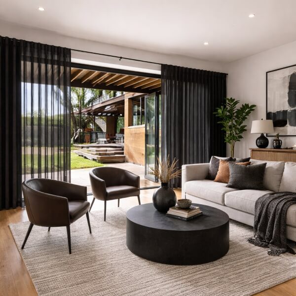 Veri Shades covering a wide sliding door, offering soft light filtering and easy walk-through access to the outdoor area, professionally installed by Blinds and Shutter Guys Newcastle.