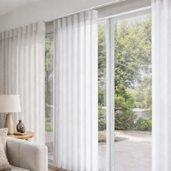 White Veri Shades fitted across large sliding glass doors, delivering soft filtered light, privacy, and smooth walk-through access, supplied and installed by Blinds and Shutter Guys Newcastle.