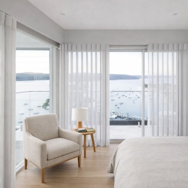 White Veri Shades installed across large balcony doors and windows, providing soft privacy while keeping the ocean view visible, installed by Blinds and Shutter Guys Newcastle.