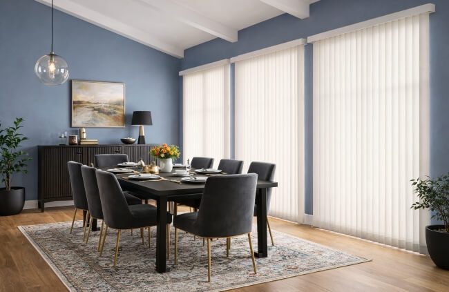 White vertical blinds installed across wide dining room windows, delivering clean lines, and full privacy, professionally fitted by Blinds and Shutter Guys Newcastle.