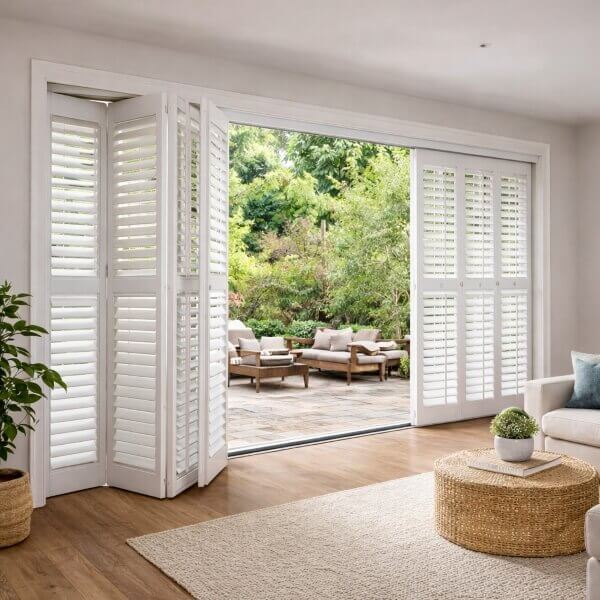 Wide doors framed with PVC bifold plantation shutters by Blinds and Shutter Guys.