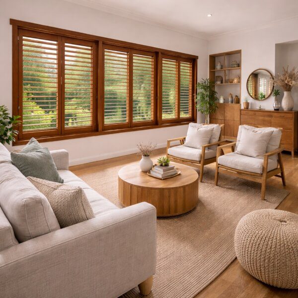 Window wooden plantation shutters creating warmth and privacy in an open plan space by Blinds and Shutter Guys.